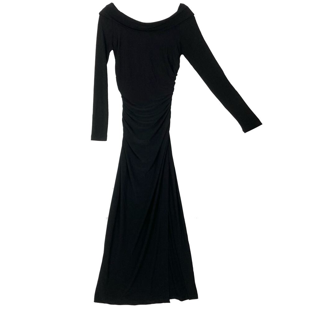 NWOT BEN DE LISI Dress 4 Black Maxi Cuffed V Neck Cross Ruched Slit Side Stretch